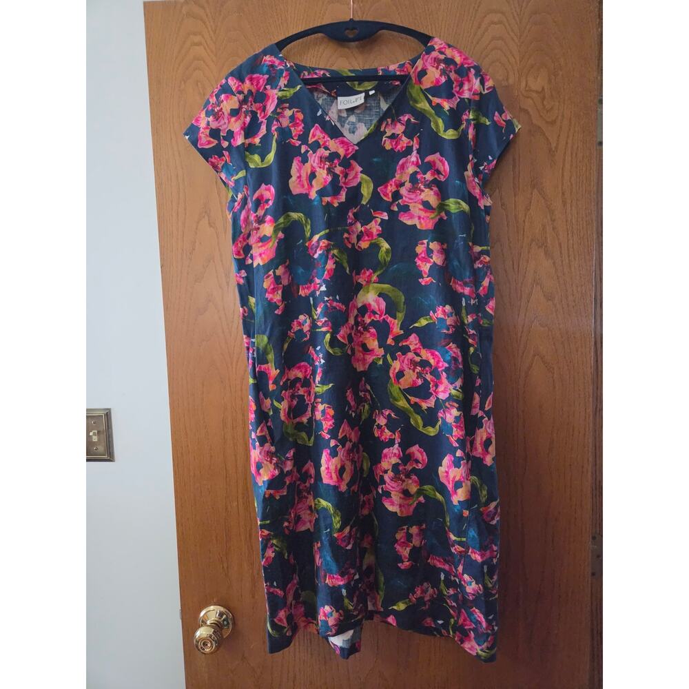FOIL 100% Linen Navy Pink Floral Summer Lightweight Relaxed Fit Dress EUC 8